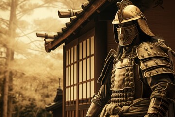 Wall Mural - Landscape with samurai warrior and training dojo, ancient culture concept. Generative AI