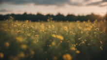 Sunset Over A Field Of Yellow Wildflowers On A Summer Evening