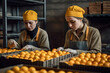 Two female fruit packers prepare fruit before packaging and delivery to supermarkets