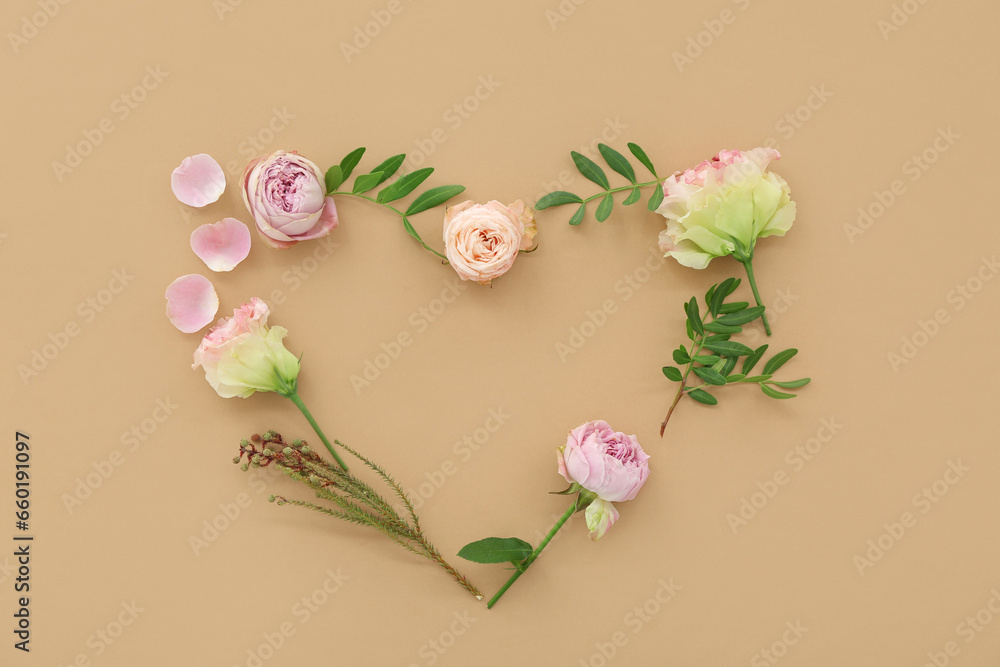 Heart made from rose flowers on brown background. National Sweetest Day