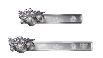 Christmas banners or lower-thirds, transparent PNG design elements. 3D illustration. Two sizes. Silver baubles.