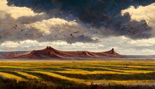 Wide Open Plains On A Windy Day Near The Base Of A Red Plateau Amber Fields Colorado Plateau Blue Skyline Vultures Beautiful Landscape Fantasy Art Hyper Realistic 