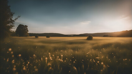 Wall Mural - Beautiful sunset over the meadow in summer. Vintage style.