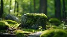 A Stone Covered With Green Moss In The Forest. Wildlife Landscape. Bright Green Moss Grown Up Cover The Rough Stones And On The Floor In The Forest. Product Display Mockup.	