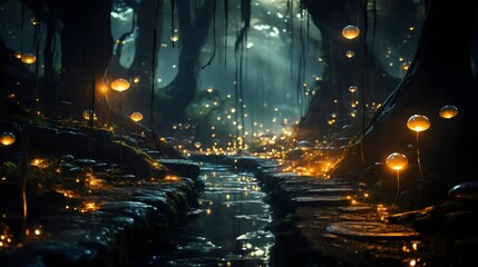Wall Mural - generative ai created illustration of light trails created by fireflies in a dark forest, capturing 