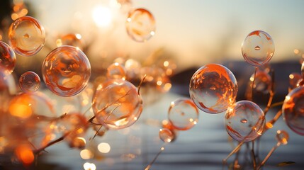 Wall Mural - illustration of soap bubbles floating against a sunset, capturing reflections and the warm, golden-h