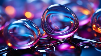 Wall Mural - illustration of a vibrant, cool-toned metallic beads suspended in clear gel, capturing reflections a
