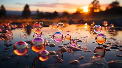 Wall Mural - illustration of soap bubbles floating against a sunset, capturing reflections and the warm, golden-h