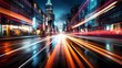 Abstract, high-resolution illustration of light trails in a bustling city, created by Generative AI