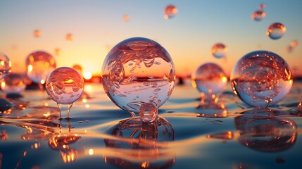 Wall Mural - illustration of soap bubbles floating against a sunset, capturing reflections and the warm, golden-h
