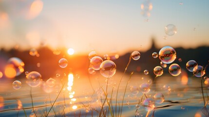 Wall Mural - illustration of soap bubbles floating against a sunset, capturing reflections and the warm, golden-h