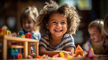 Happy Children Play With Toy Blocks, Preschool Kids On Playground