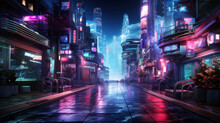 Neon Street In Cyberpunk City At Night, Modern Buildings In Purple Lights