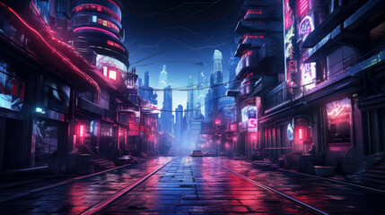 Wall Mural - Cyberpunk neon city at night, empty street with modern tall building