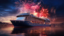 New Year's Eve Fireworks At Night Over A Large Cruise Ship