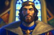 a fantasy childrens book an older adult medieval king wearing royal blues whites and gold in a castle throneroom no beard beardless clean shaven dark brown hair fit strong handsome cinematic 