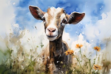 watercolor illustration closeup portrait of a goat among plants in field