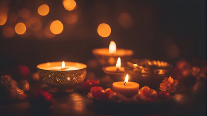 Wall Mural - Burning candles with flowers on dark background. Selective focus.