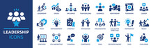 Leadership Icon Set. Containing Leader, Vision, Guidance, Mentorship, Coaching, Influence, Charisma, Challenge, Lead And More. Vector Illustration. Solid Icons Collection.