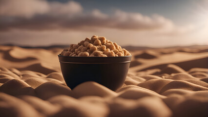 Wall Mural - Bowl of breakfast cereal in the desert. Selective focus.