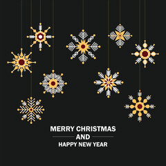 Wall Mural - Christmas gold and white hanging snowflakes on black background