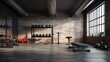Interior of modern gym with dark concrete walls, concrete floor and rows of fitness equipment