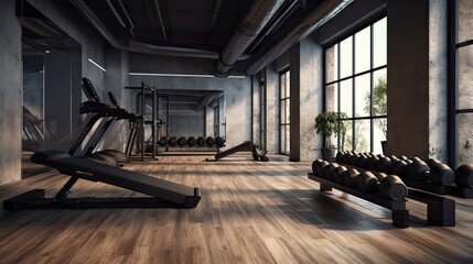 Wall Mural - Interior of modern gym with dark concrete walls, concrete floor and rows of fitness equipment