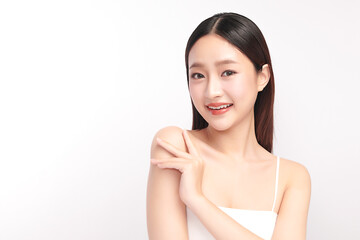 beautiful young asian woman with clean fresh skin on white background, face care, facial treatment, 
