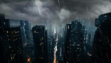 Lightning Thunder Strike In Cityscape Skyscraper Building In Dangerous Bad Environment Rain Weather Video Looping 