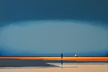 A lone figure stands on a deserted beach staring out at the endless expanse of the sea The sky above is a mix of deep blues and oranges signaling the approaching sunset In the distance a small boat 