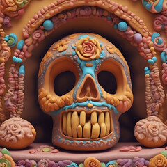 Wall Mural - 3d illustration of a sugar skull in the form of a house