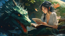 A Woman Is Holding A Book While Gazing At The Dragon