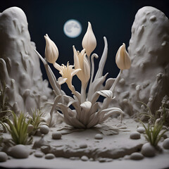 Wall Mural - Fantasy landscape with white flowers. moon and clouds. 3d rendering