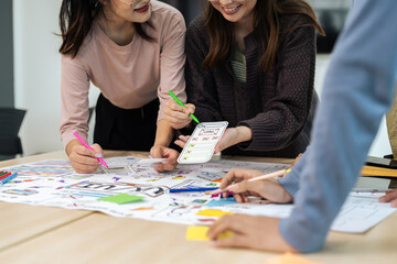 Wall Mural - team of ux developer and ui designer brainstorming interface wireframe design. creative digital deve
