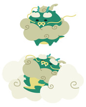 Cute Fluffy Green Dragon Character Illustration, Sleeping Dragon On A Cloud, Chinese Zodiac Doragon, Cartoon Style