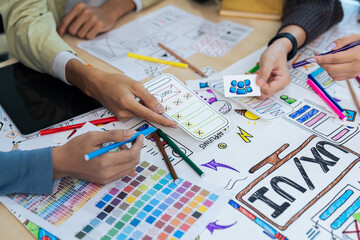 Wall Mural - team of ux developer and ui designer brainstorming interface wireframe design. creative digital deve
