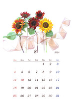 2024年8月カレンダー 　黄色と茶色のヒマワリとリボンのデザイン（白バック・日本版）