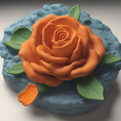 Wall Mural - 3d illustration of orange rose on a blue cake with green leaves