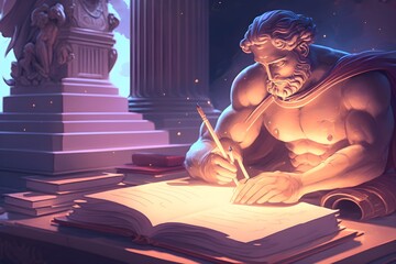 a background image for a card representing a ERC1155 blockchain contract It should include an old greek full open book greek marmol beautiful cinematic and magical image of a greek god signing the 