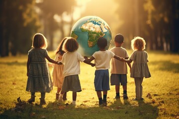 Wall Mural - A group of children holding hands and forming a circle around a globe , Protecting environment. world peace concept, generative ai