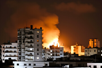 Wall Mural - destroyed town with smoke coming out of it after war battle attack.