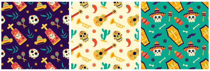 Set of Dia de Muertos Seamless Pattern Illustration with Day of the Dead and Skeleton Element in Mexican Design