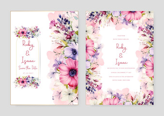 Fototapete - Pink and purple violet poppy artistic wedding invitation card template set with flower decorations