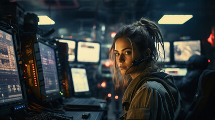 Female Officer with uniform is operating at control panel in monitoring war room on war base, AI Generative