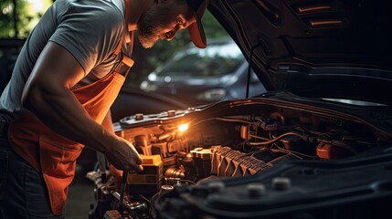 Close-up of a car mechanic using an ammeter to check a car battery in front of the engine bay. Natural light telephoto lens