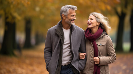 Happy senior couple in autumn park