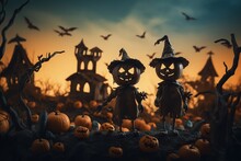 Halloween Concept. Cute Little Children In Costumes Of Skeleton And Witch In The Field