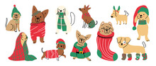 Merry Christmas And Happy New Year Concept Background Vector. Collection Drawing Of Cute Dogs With Decorative Scarf, Ribbon, Hat. Design Suitable For Banner, Invitation, Card, Greeting, Banner, Cover.