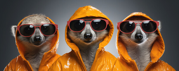 Poster - three meerkats with orange jackets are wearing sunglasses