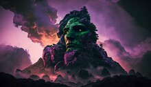 A Mountain Rushmore Made Of Green Granite At The Twilight Fire Lava Clouds Purple Fog Taken At A Low Angle Tiny Human Silhouettes Hyper Realism Unreal Engine High Octane 